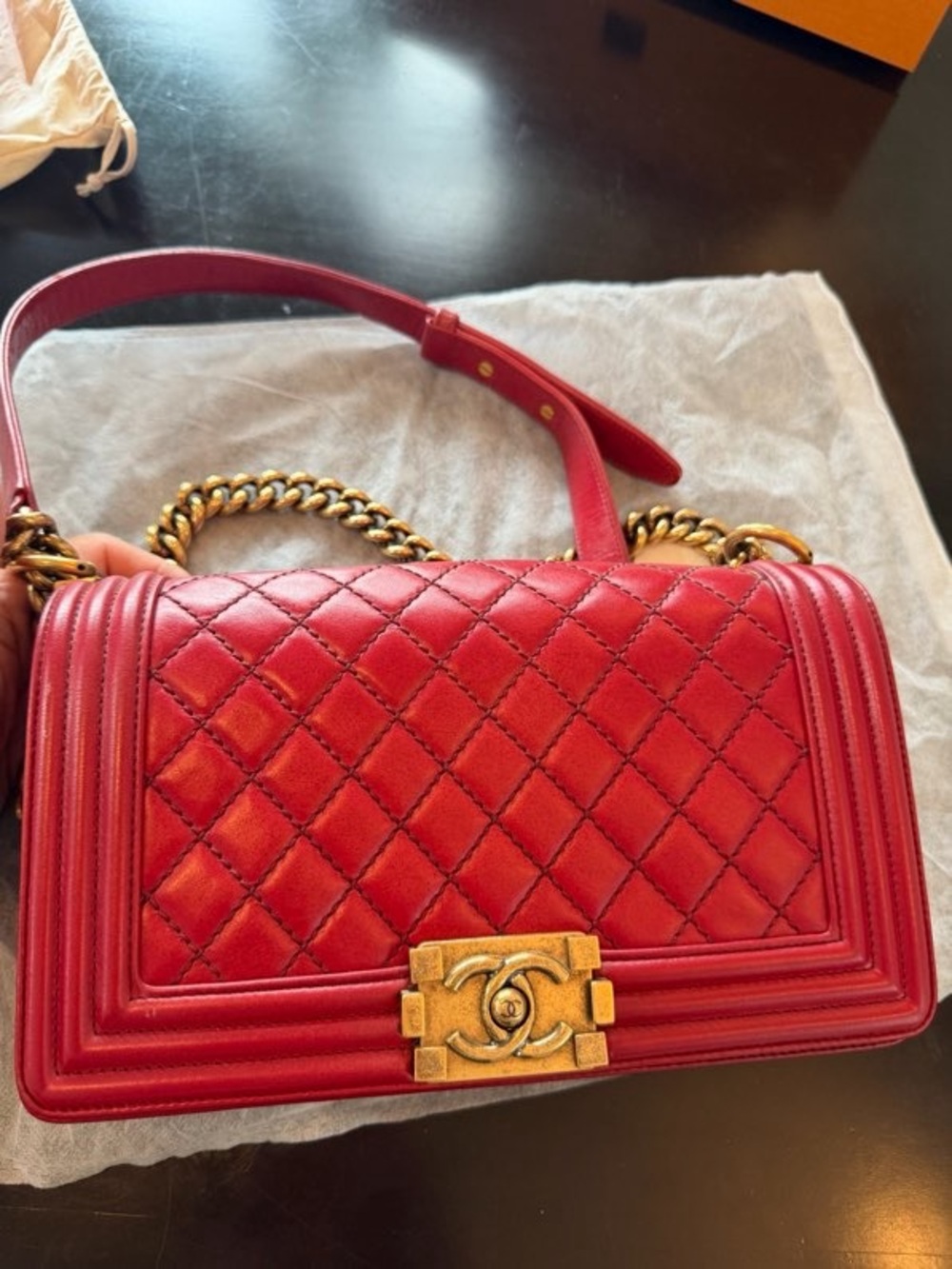CHANEL Red Quilted Boy Shoulder Bag with Gold Hardware